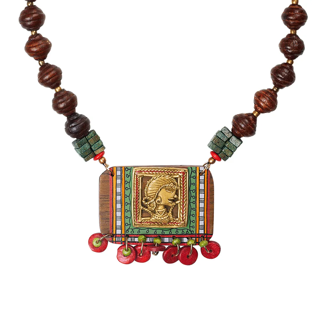 'Tribal Dhokra Girl' Bohemian Brass Necklace Handmade In Dhokra Art (Brass, Wood, Matinee)