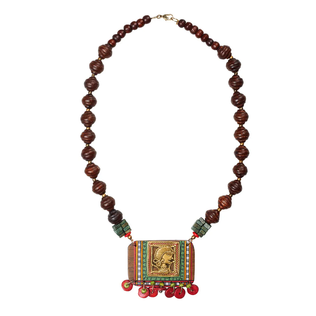 'Tribal Dhokra Girl' Bohemian Brass Necklace Handmade In Dhokra Art (Brass, Wood, Matinee)