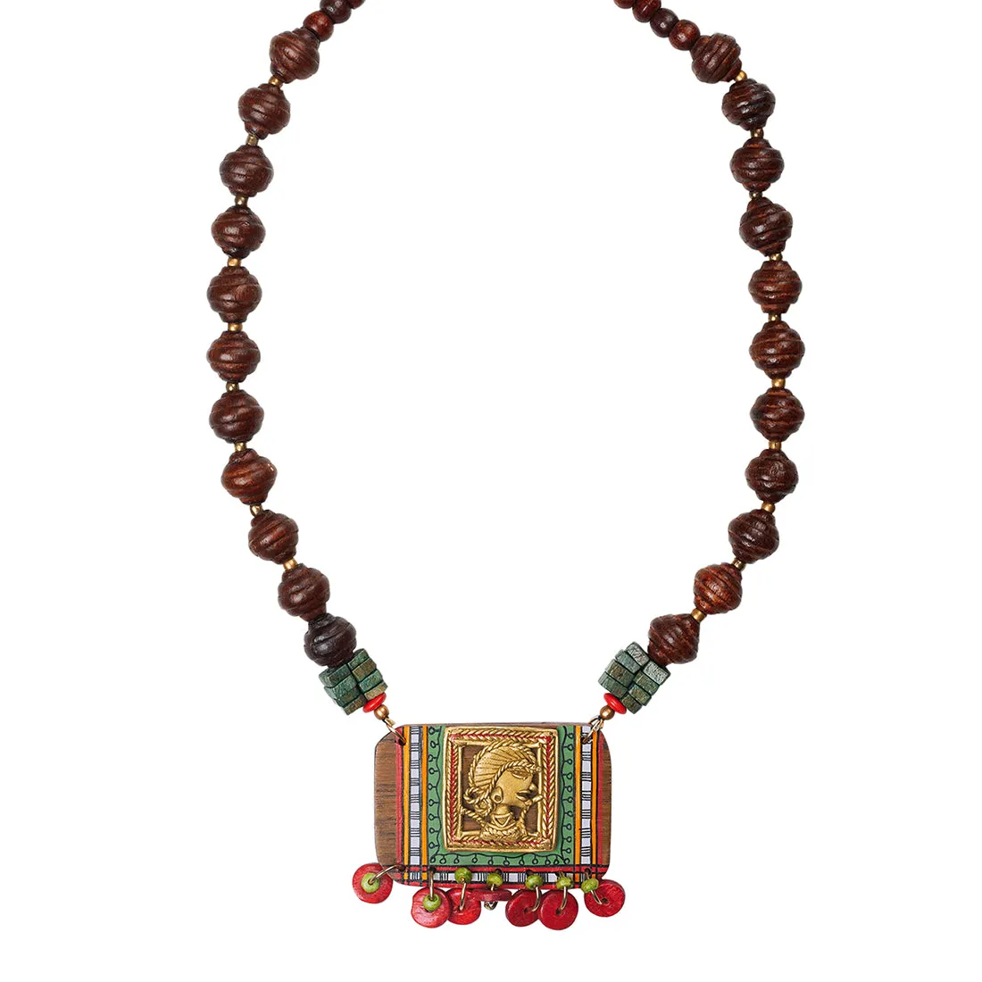 'Tribal Dhokra Girl' Bohemian Brass Necklace Handmade In Dhokra Art (Brass, Wood, Matinee)