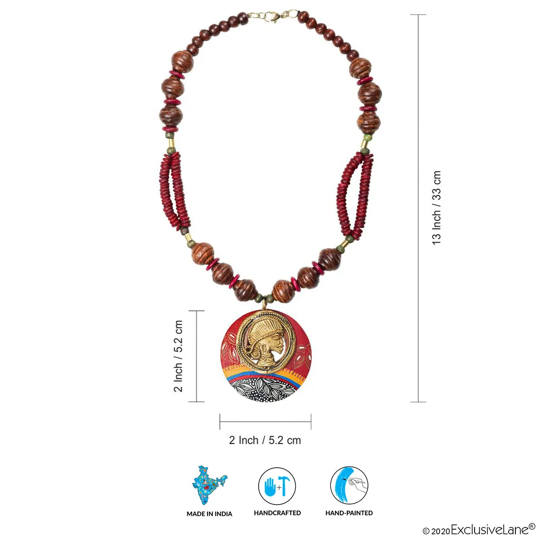 'Tribal Dhokra Maroon' Bohemian Brass Necklace Handmade In Dhokra Art (Brass, Wood, Bib)