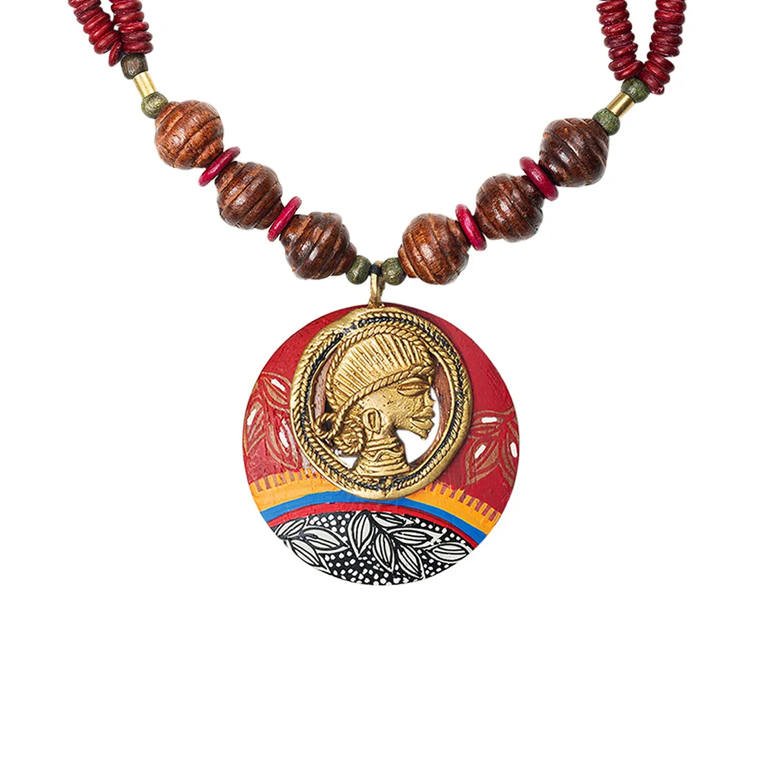 'Tribal Dhokra Maroon' Bohemian Brass Necklace Handmade In Dhokra Art (Brass, Wood, Bib)