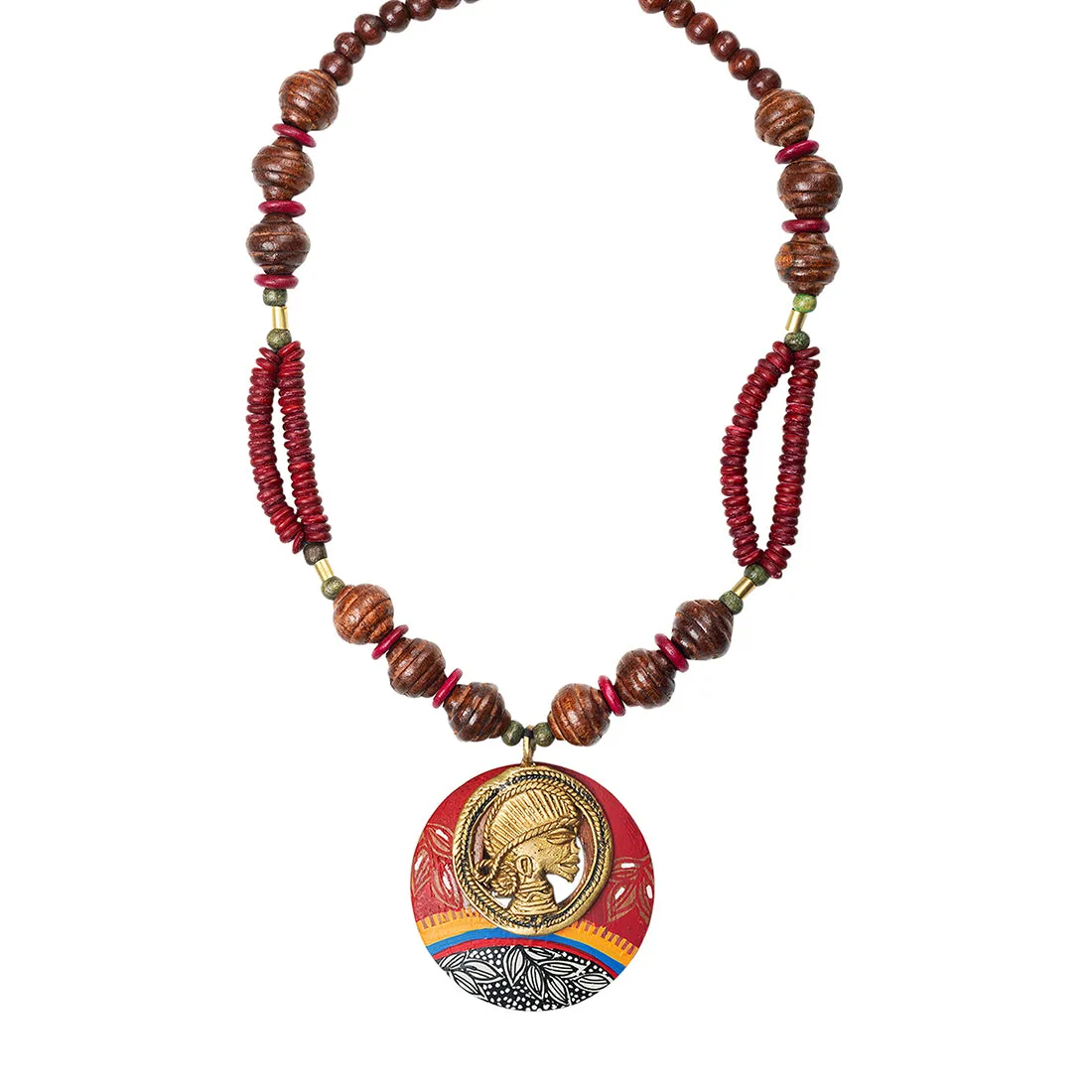 'Tribal Dhokra Maroon' Bohemian Brass Necklace Handmade In Dhokra Art (Brass, Wood, Bib)