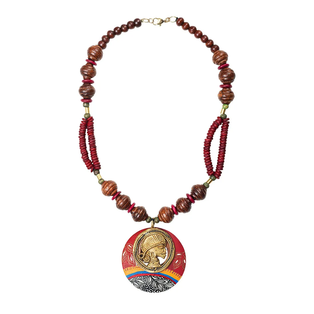 'Tribal Dhokra Maroon' Bohemian Brass Necklace Handmade In Dhokra Art (Brass, Wood, Bib)