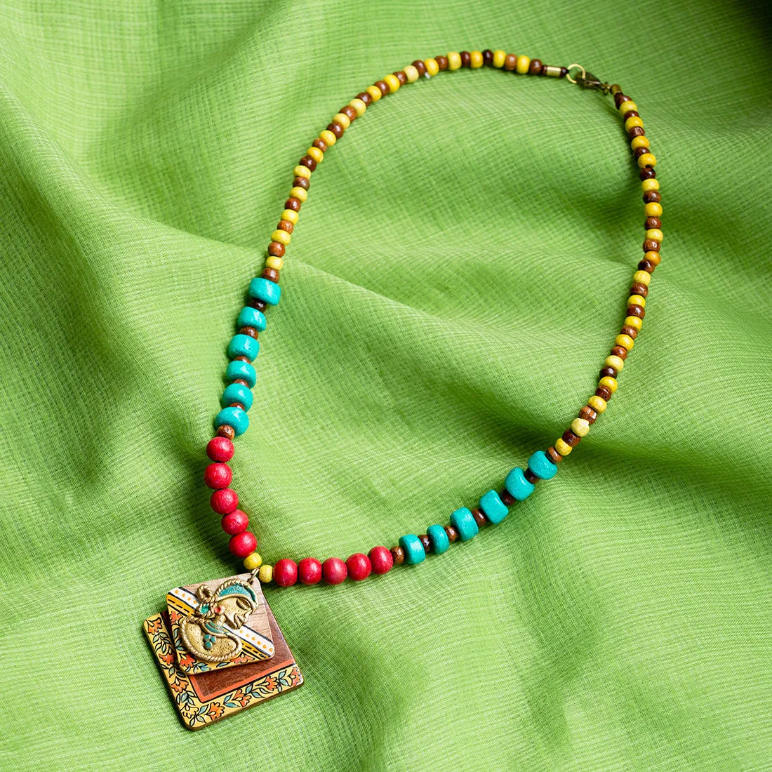 'Tribal Dhokra Squares' Bohemian Brass Necklace Handmade In Dhokra Art (Brass, Wood, Matinee)
