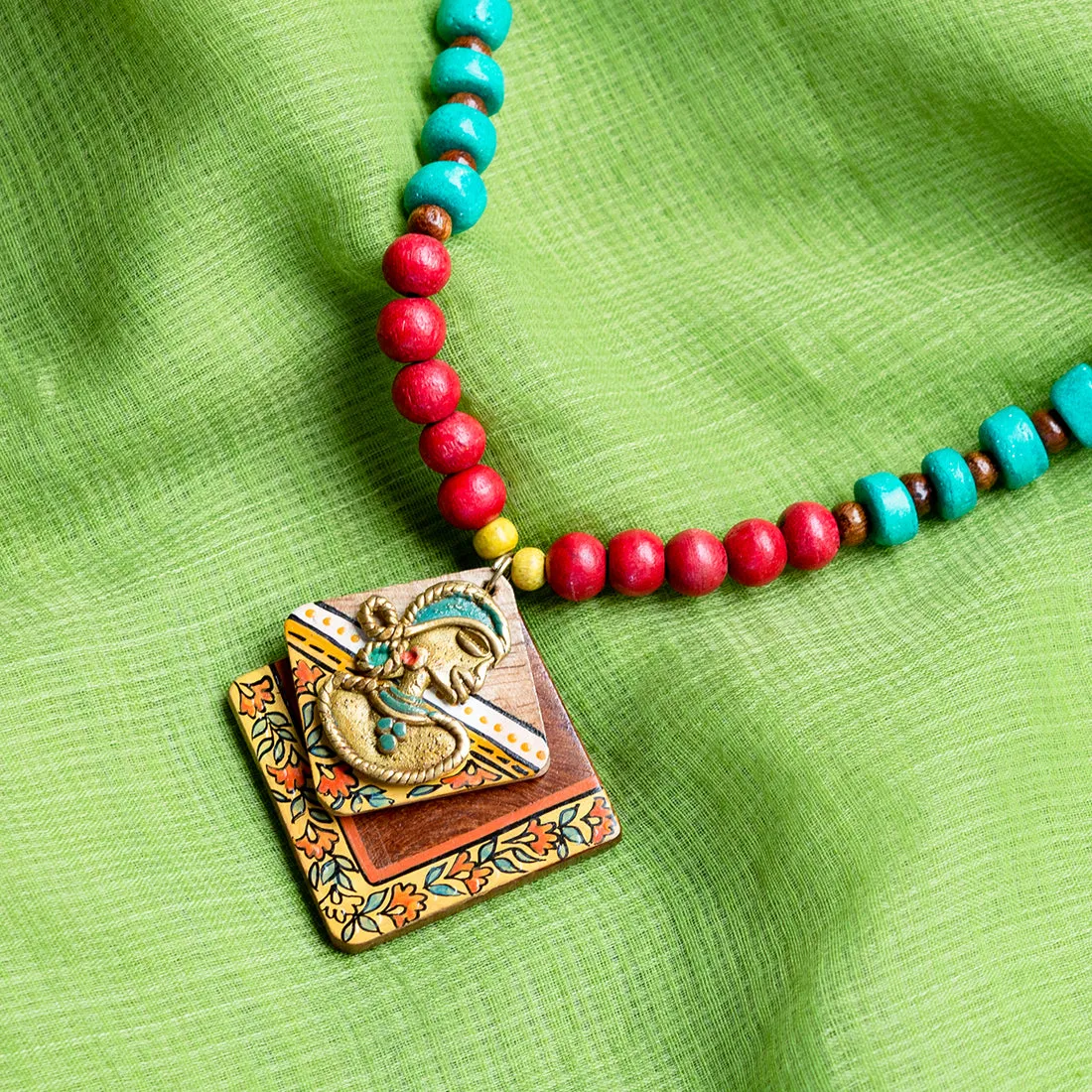 'Tribal Dhokra Squares' Bohemian Brass Necklace Handmade In Dhokra Art (Brass, Wood, Matinee)