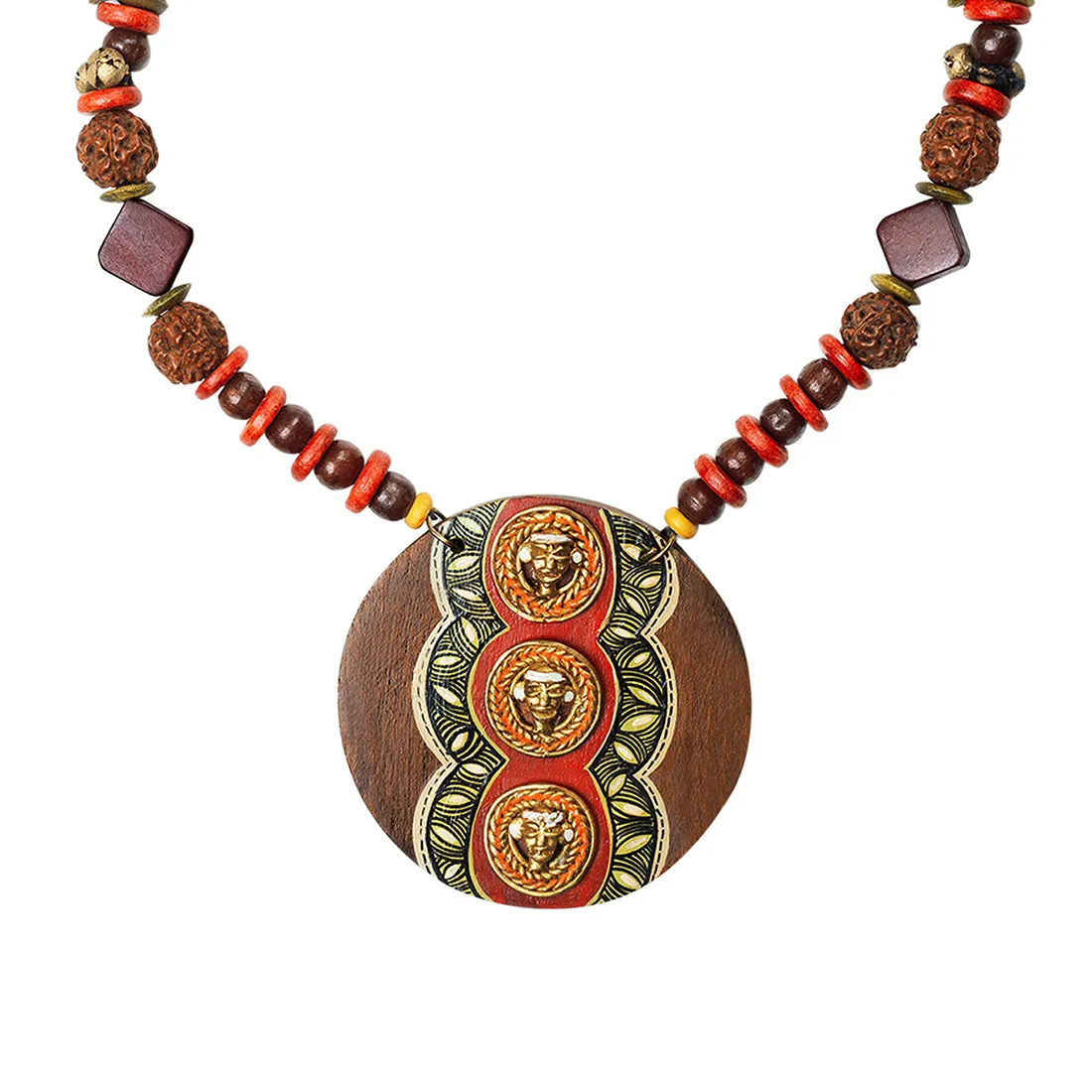 'Tribal Dhokra Triplets' Bohemian Brass Necklace Handmade In Dhokra Art (Brass, Wood, Matinee)
