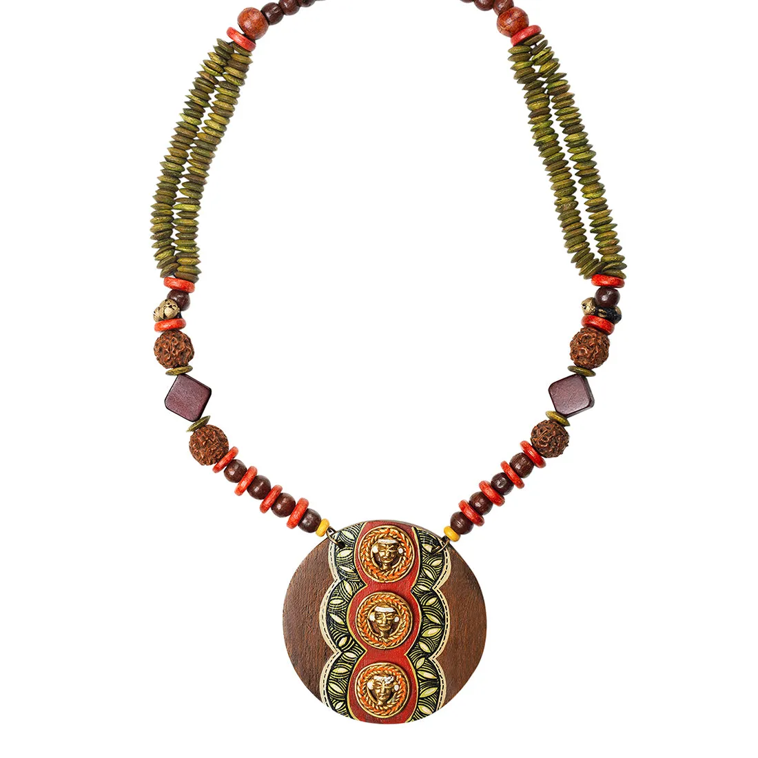 'Tribal Dhokra Triplets' Bohemian Brass Necklace Handmade In Dhokra Art (Brass, Wood, Matinee)