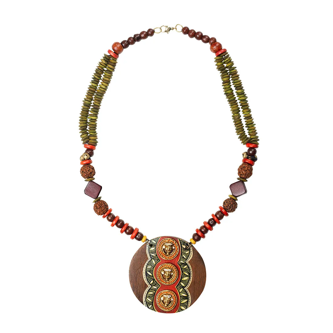 'Tribal Dhokra Triplets' Bohemian Brass Necklace Handmade In Dhokra Art (Brass, Wood, Matinee)