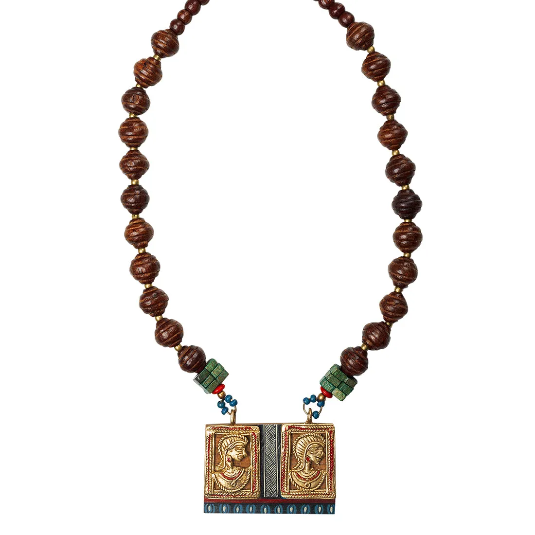'Tribal Dhokra Twins' Bohemian Brass Necklace Handmade In Dhokra Art (Brass, Wood, Bib)