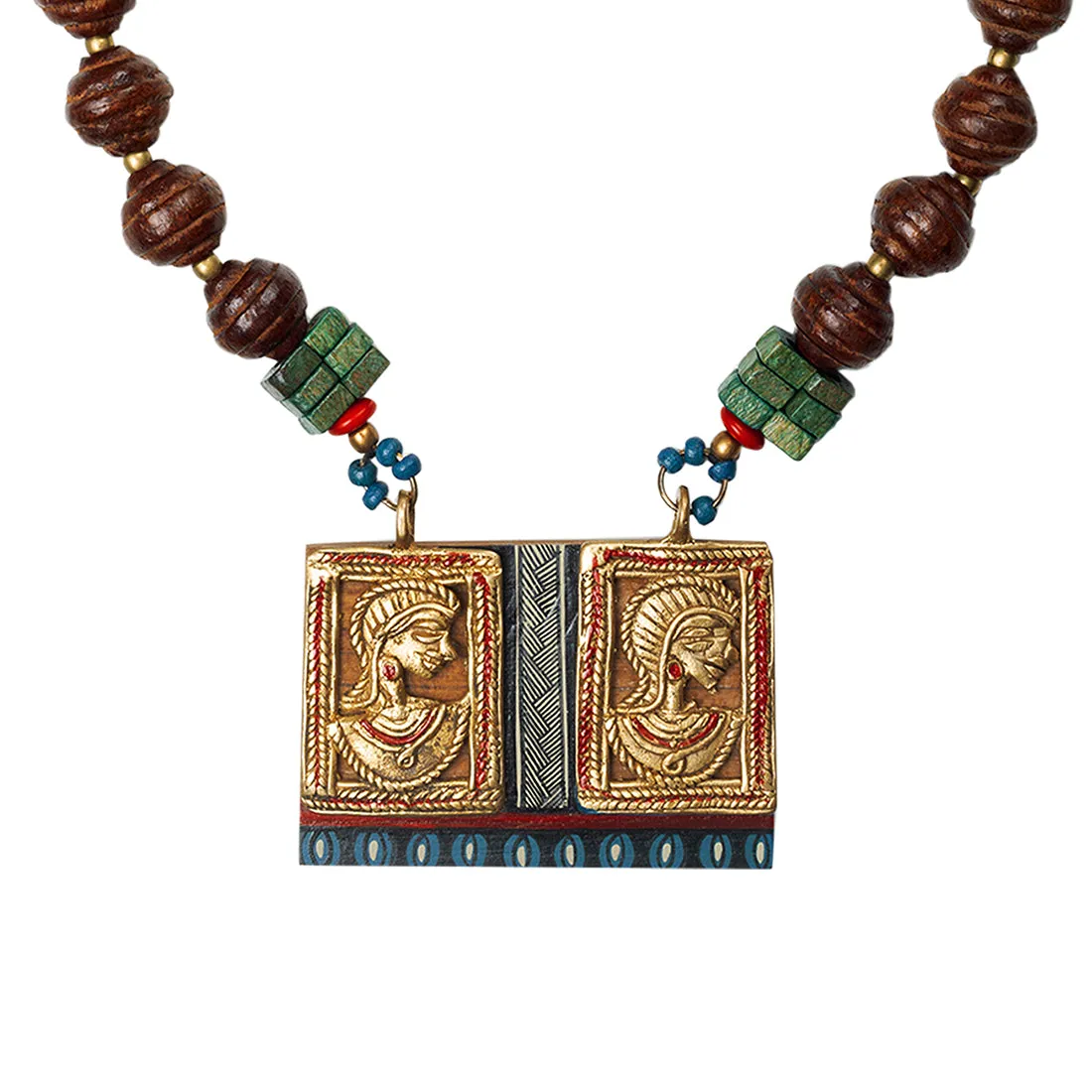 'Tribal Dhokra Twins' Bohemian Brass Necklace Handmade In Dhokra Art (Brass, Wood, Bib)