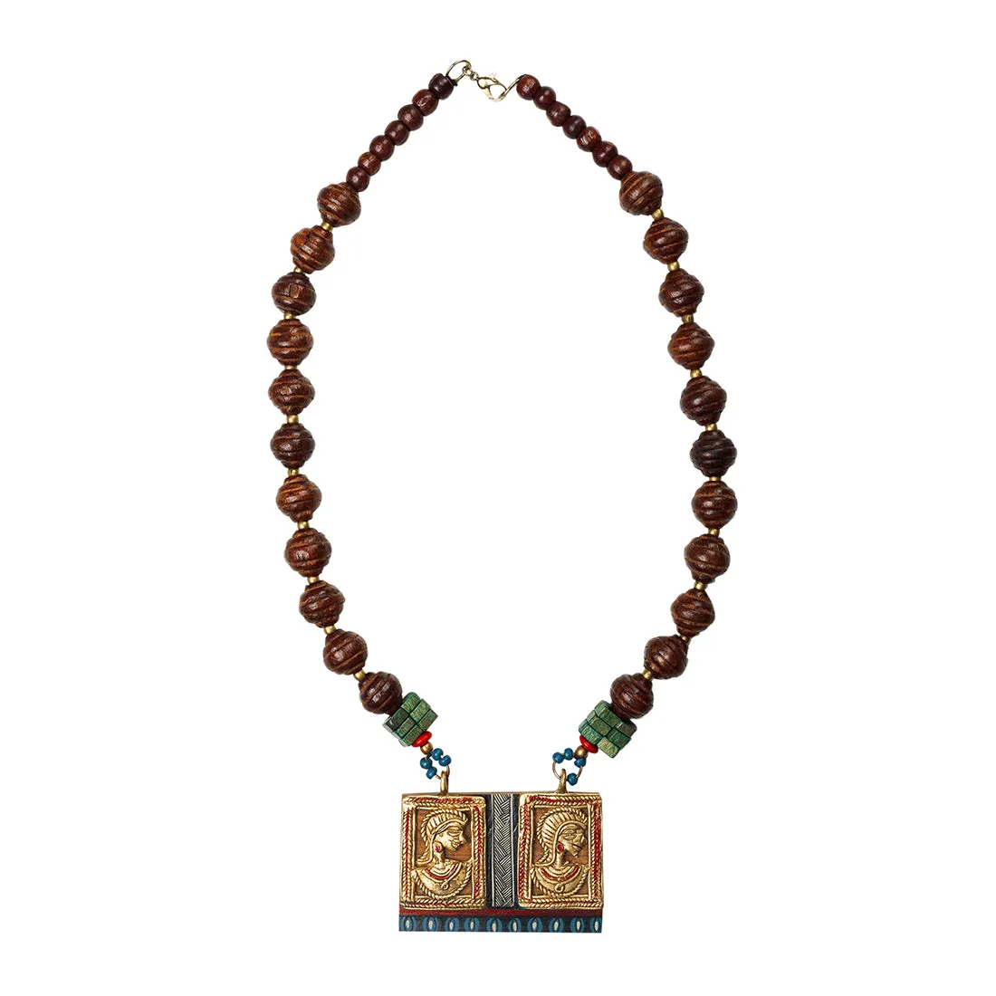'Tribal Dhokra Twins' Bohemian Brass Necklace Handmade In Dhokra Art (Brass, Wood, Bib)
