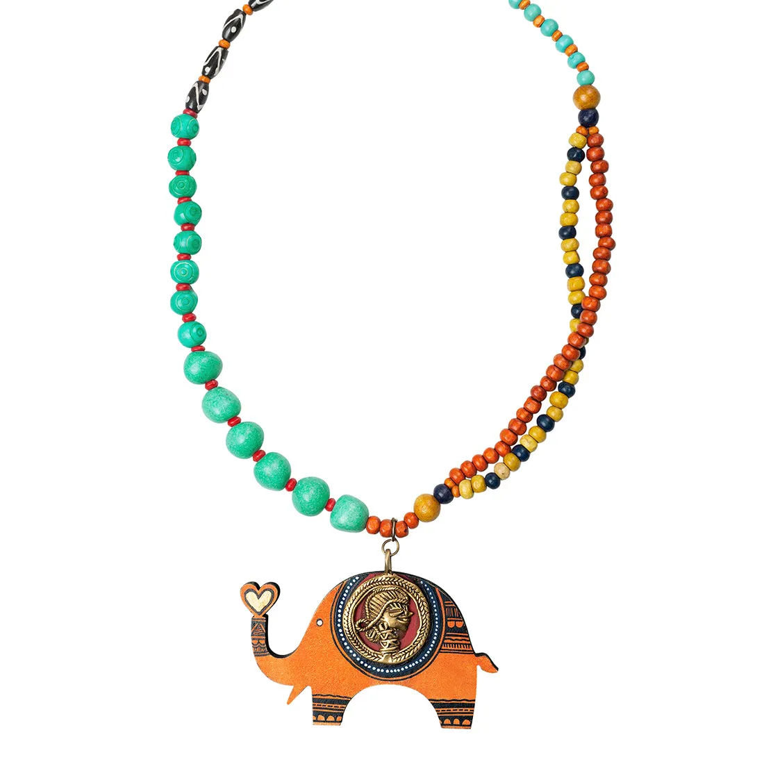 'Tribal Elephant' Bohemian Brass Necklace Handmade In Dhokra Art (Brass, Wood, Matinee)