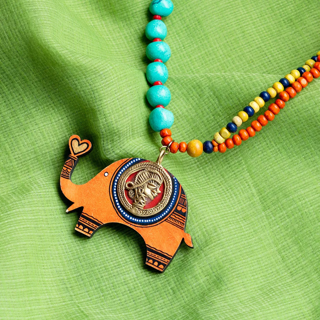 'Tribal Elephant' Bohemian Brass Necklace Handmade In Dhokra Art (Brass, Wood, Matinee)