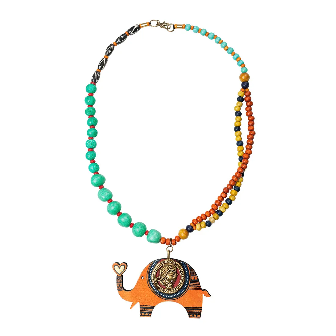 'Tribal Elephant' Bohemian Brass Necklace Handmade In Dhokra Art (Brass, Wood, Matinee)