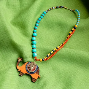 'Tribal Elephant' Bohemian Brass Necklace Handmade In Dhokra Art (Brass, Wood, Matinee)