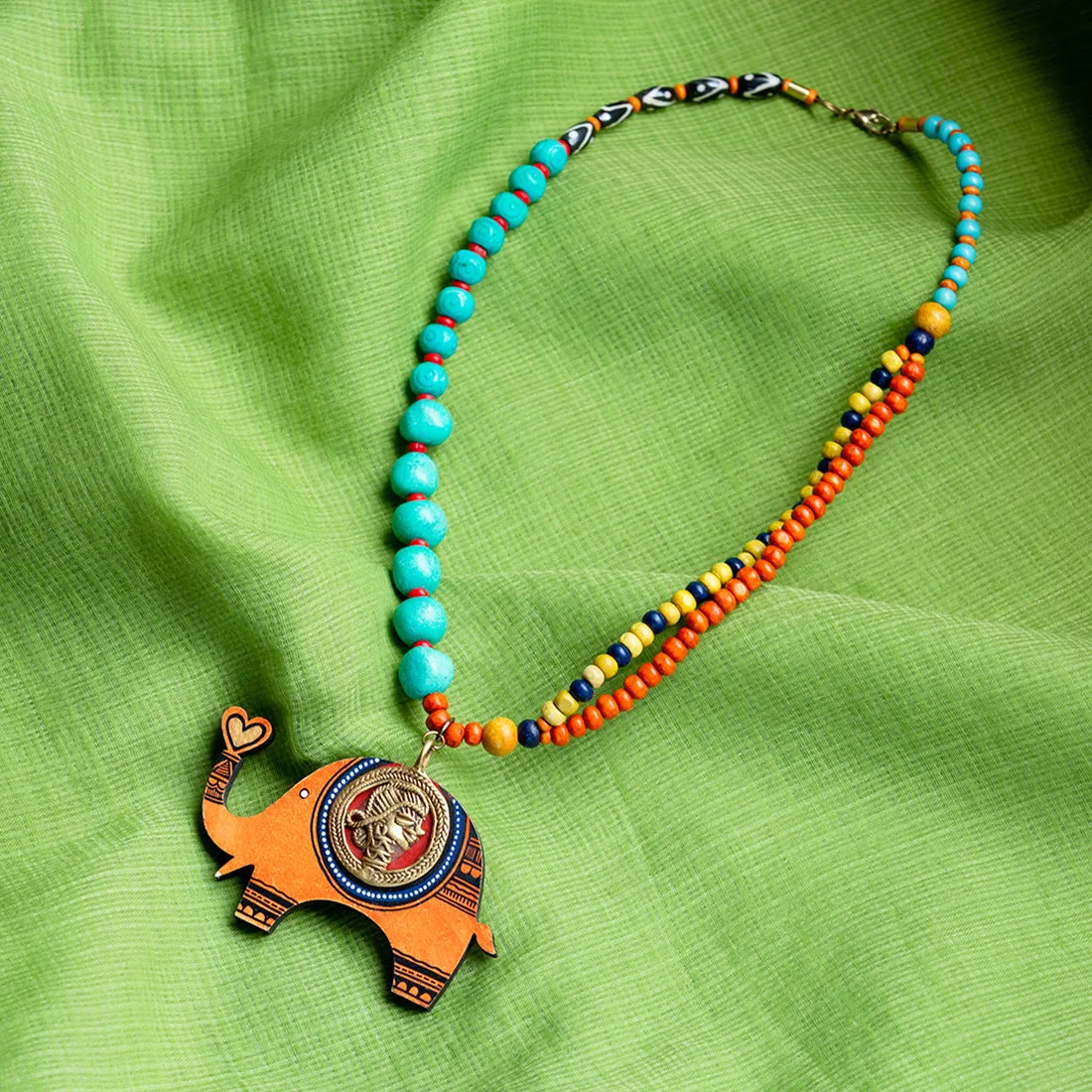 'Tribal Elephant' Bohemian Brass Necklace Handmade In Dhokra Art (Brass, Wood, Matinee)