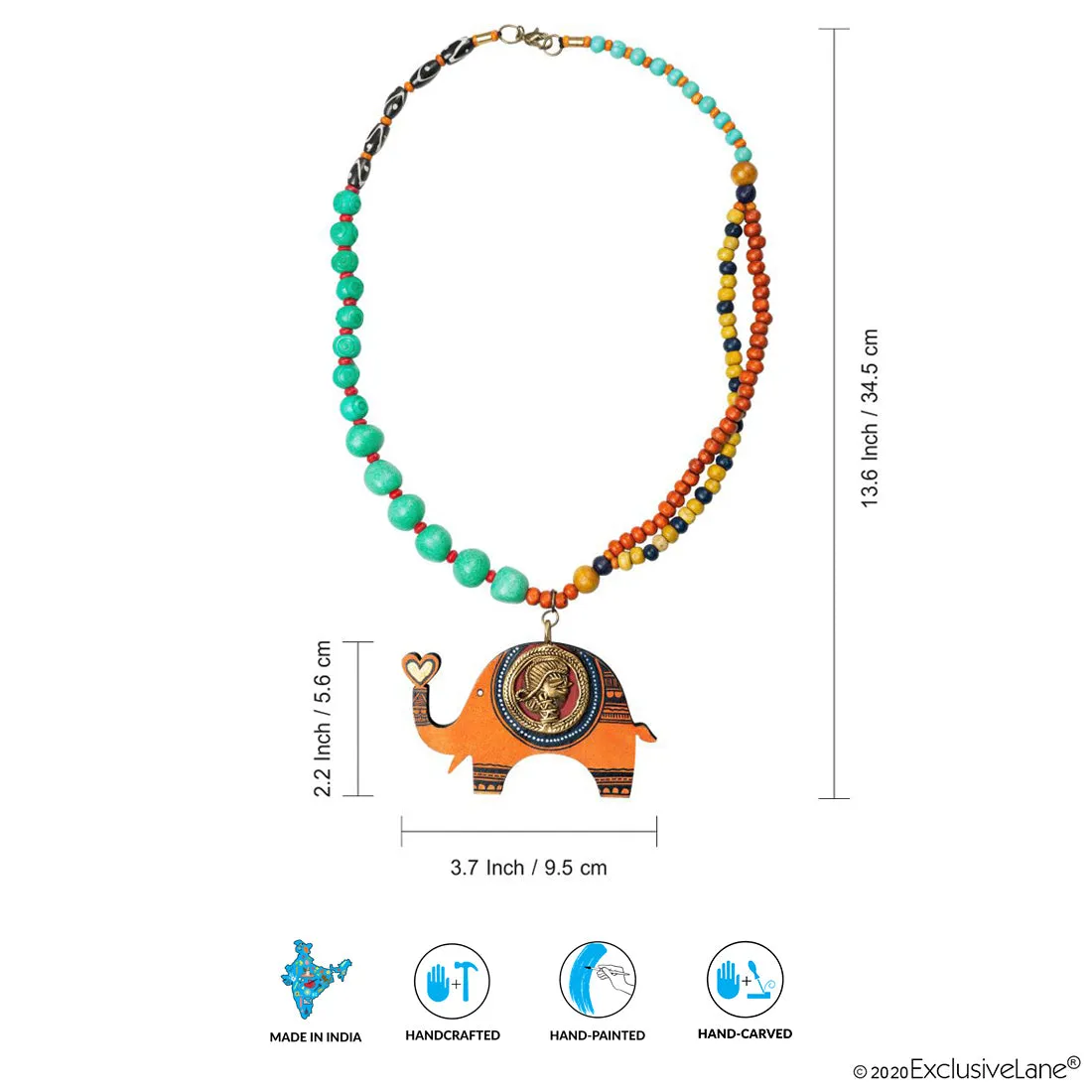 'Tribal Elephant' Bohemian Brass Necklace Handmade In Dhokra Art (Brass, Wood, Matinee)