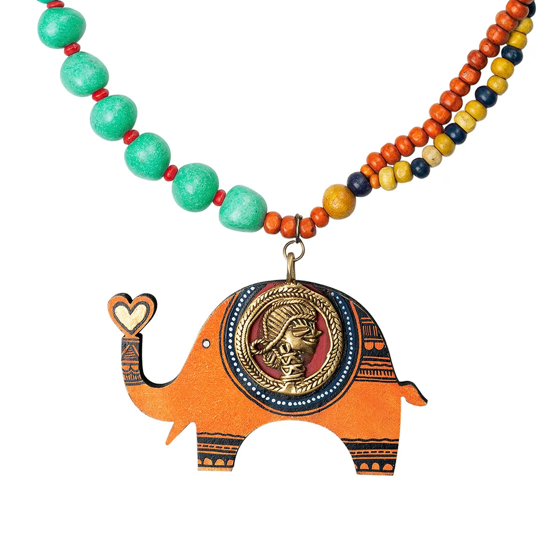 'Tribal Elephant' Bohemian Brass Necklace Handmade In Dhokra Art (Brass, Wood, Matinee)