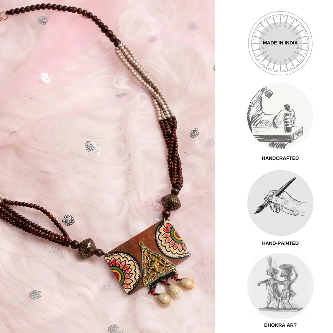 'Tribal Flora' Bohemian Beaded Sheesham Wooden & Brass Necklace (Dhokra Art, Handcrafted & Hand-Painted)