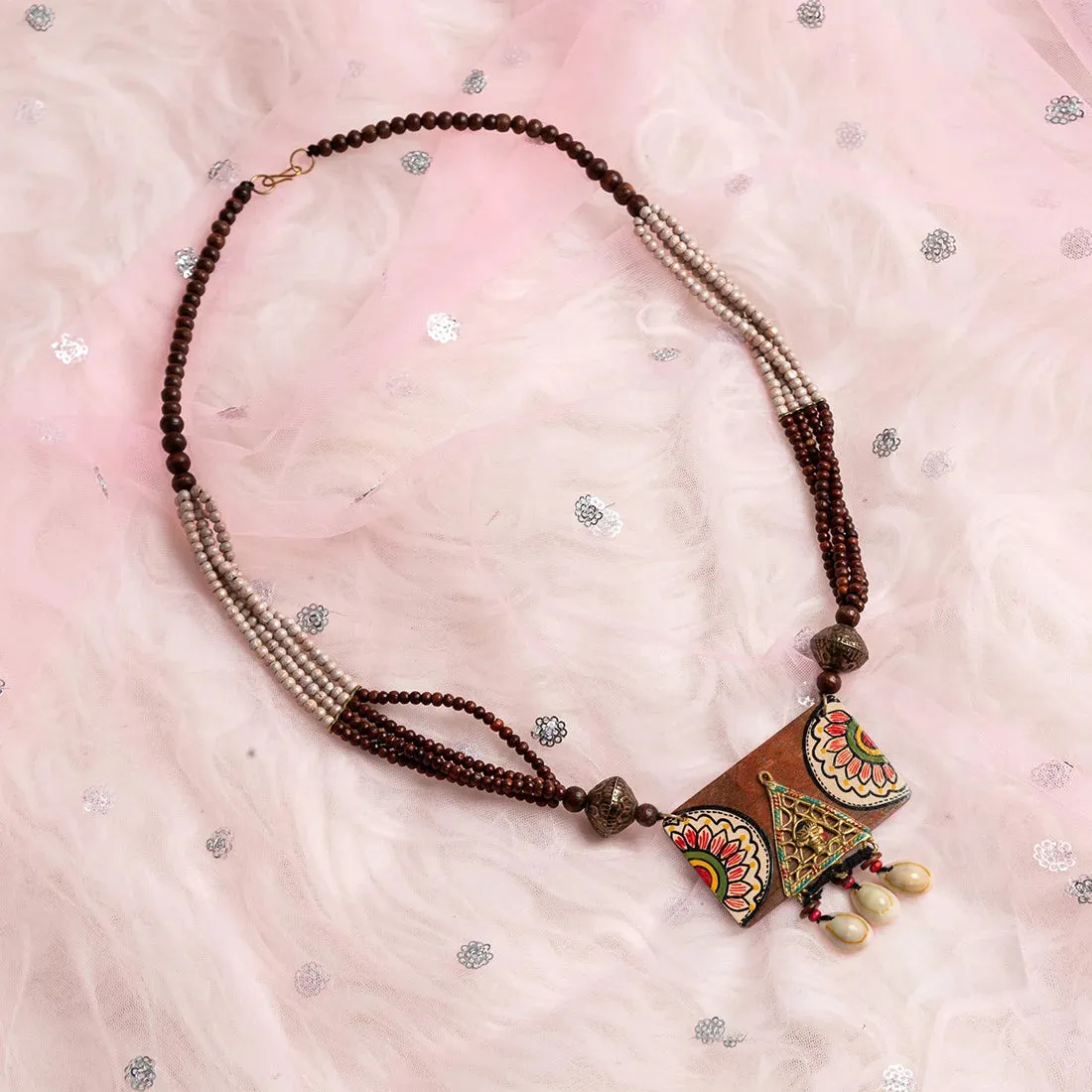 'Tribal Flora' Bohemian Beaded Sheesham Wooden & Brass Necklace (Dhokra Art, Handcrafted & Hand-Painted)