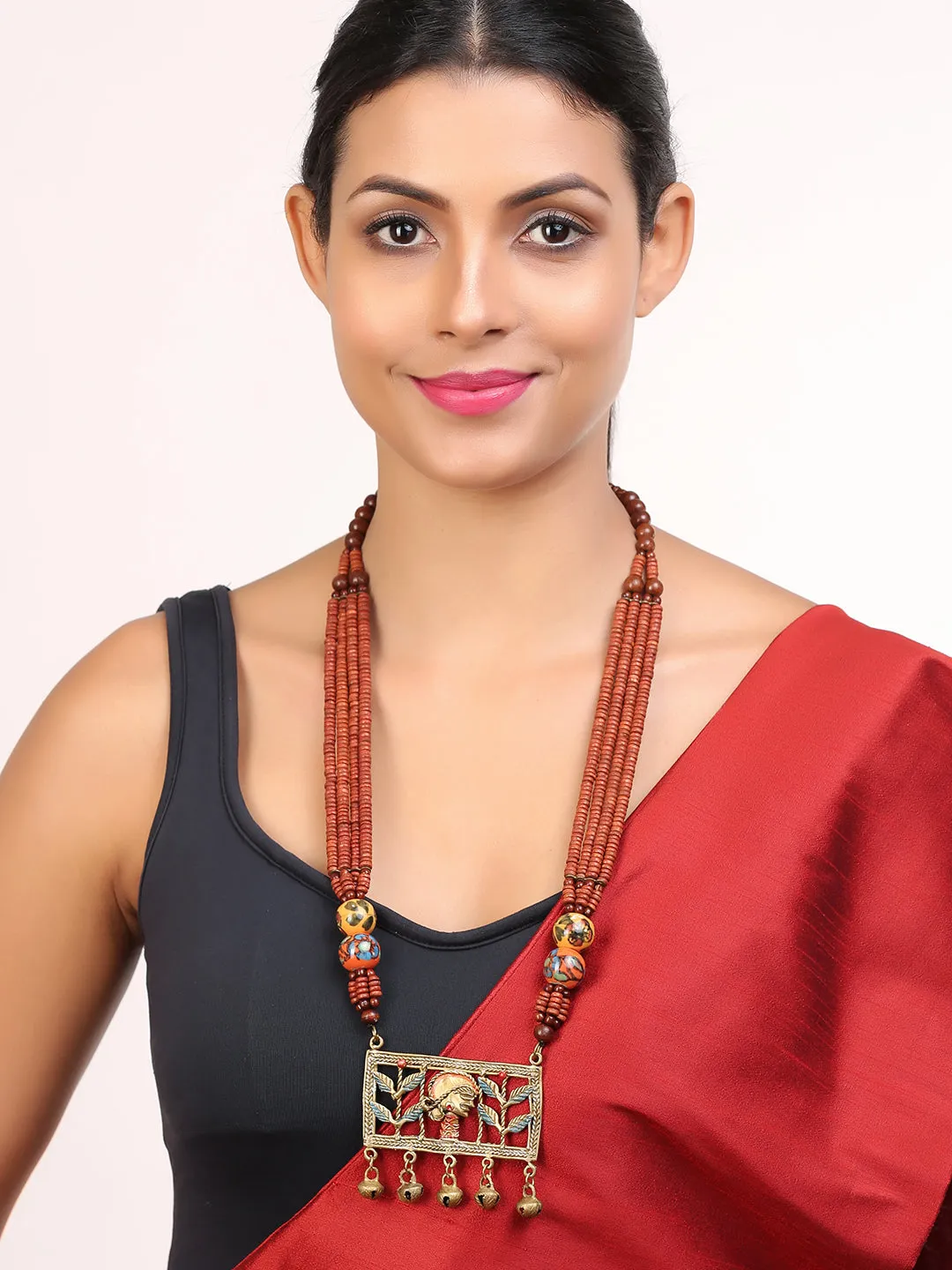 'Tribal Lady Beaded' Bohemian Brass Necklace Handcrafted In Dhokra Art (Matinee)
