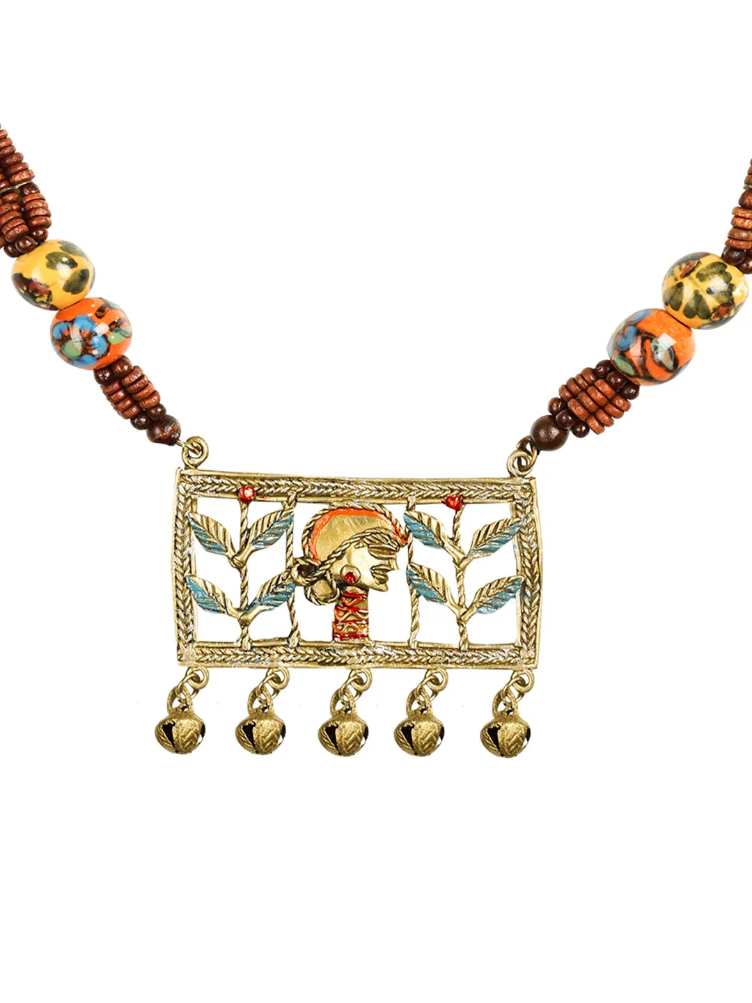 'Tribal Lady Beaded' Bohemian Brass Necklace Handcrafted In Dhokra Art (Matinee)