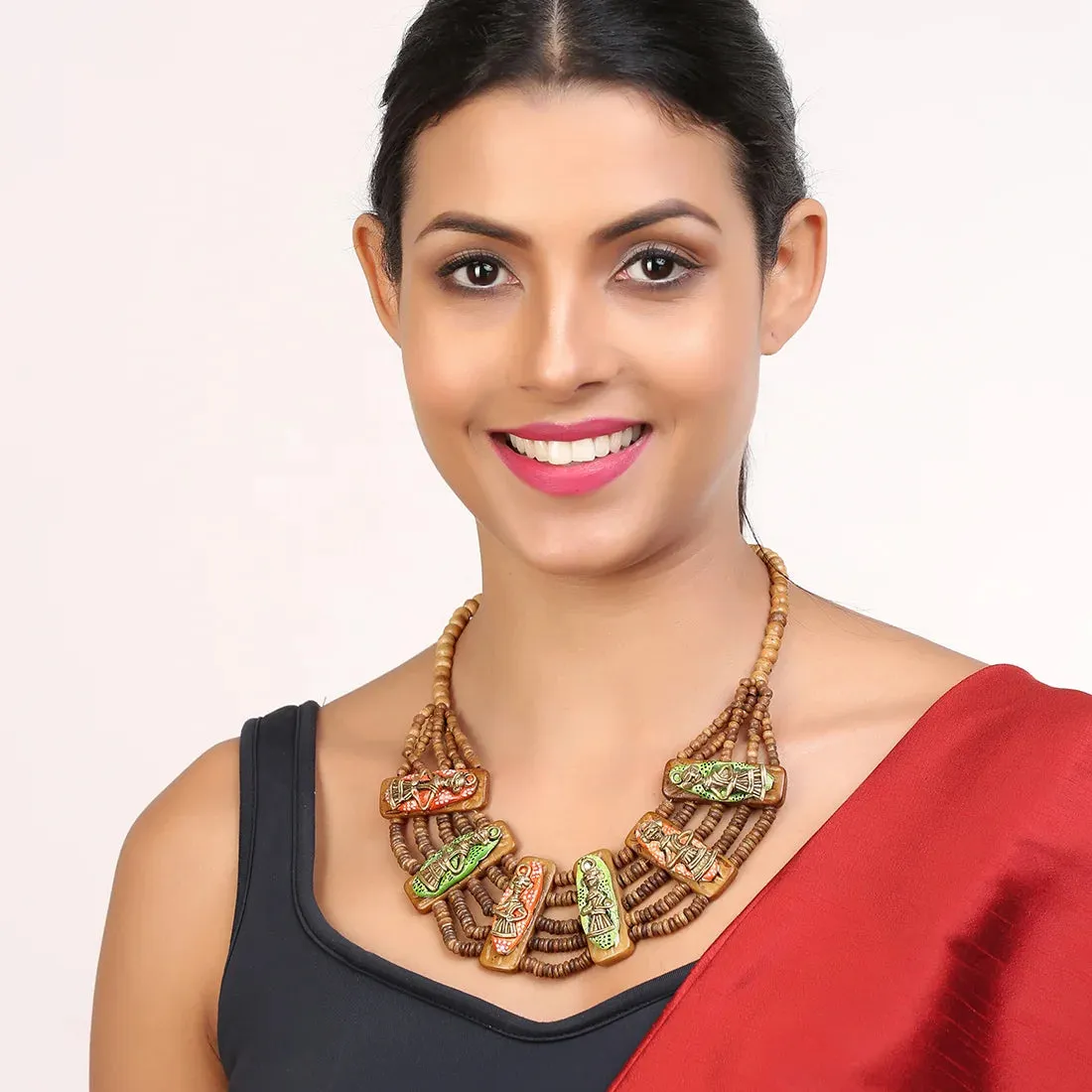 'Tribal Men Beaded' Bohemian Brass Necklace Handcrafted In Dhokra Art (Bib)