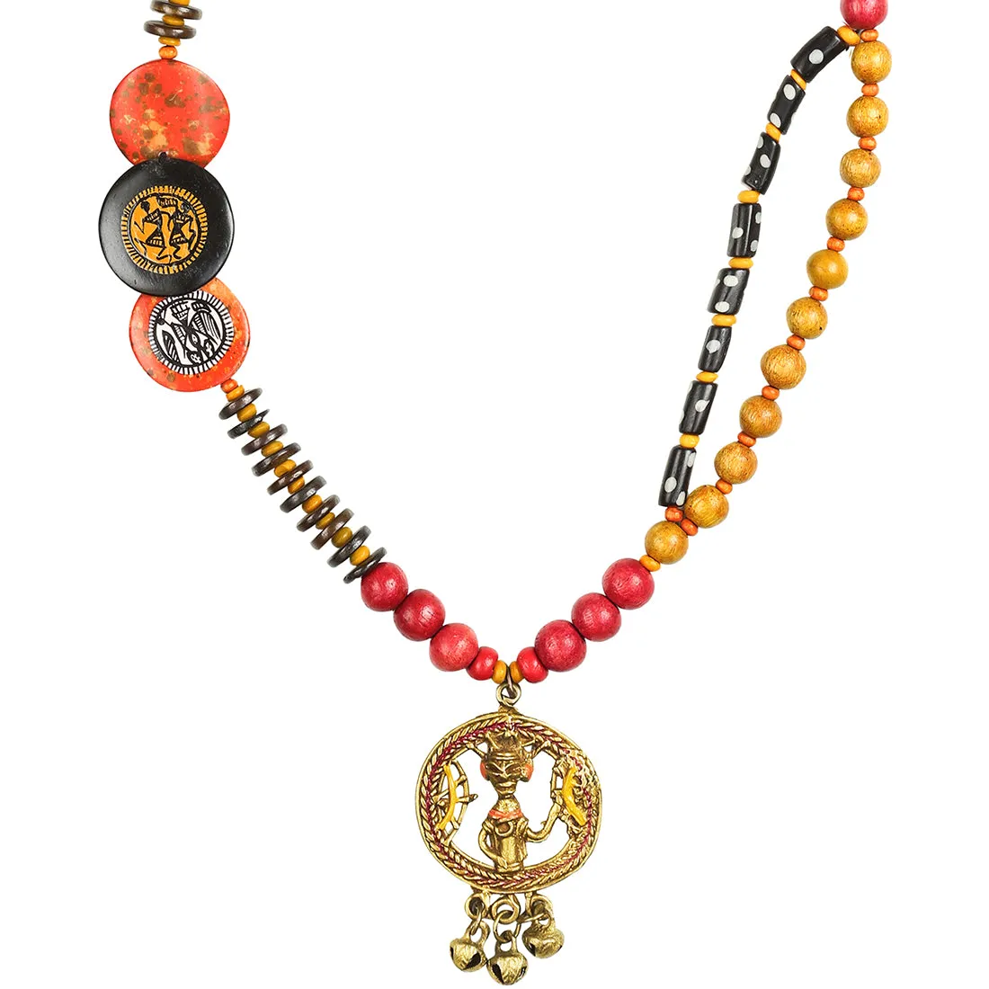 'Tribal Men Beaded' Warli Hand-painted Bohemian Brass Necklace Handcrafted In Dhokra Art (Matinee)