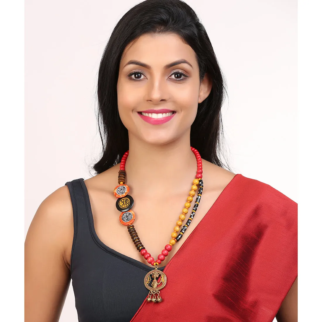 'Tribal Men Beaded' Warli Hand-painted Bohemian Brass Necklace Handcrafted In Dhokra Art (Matinee)