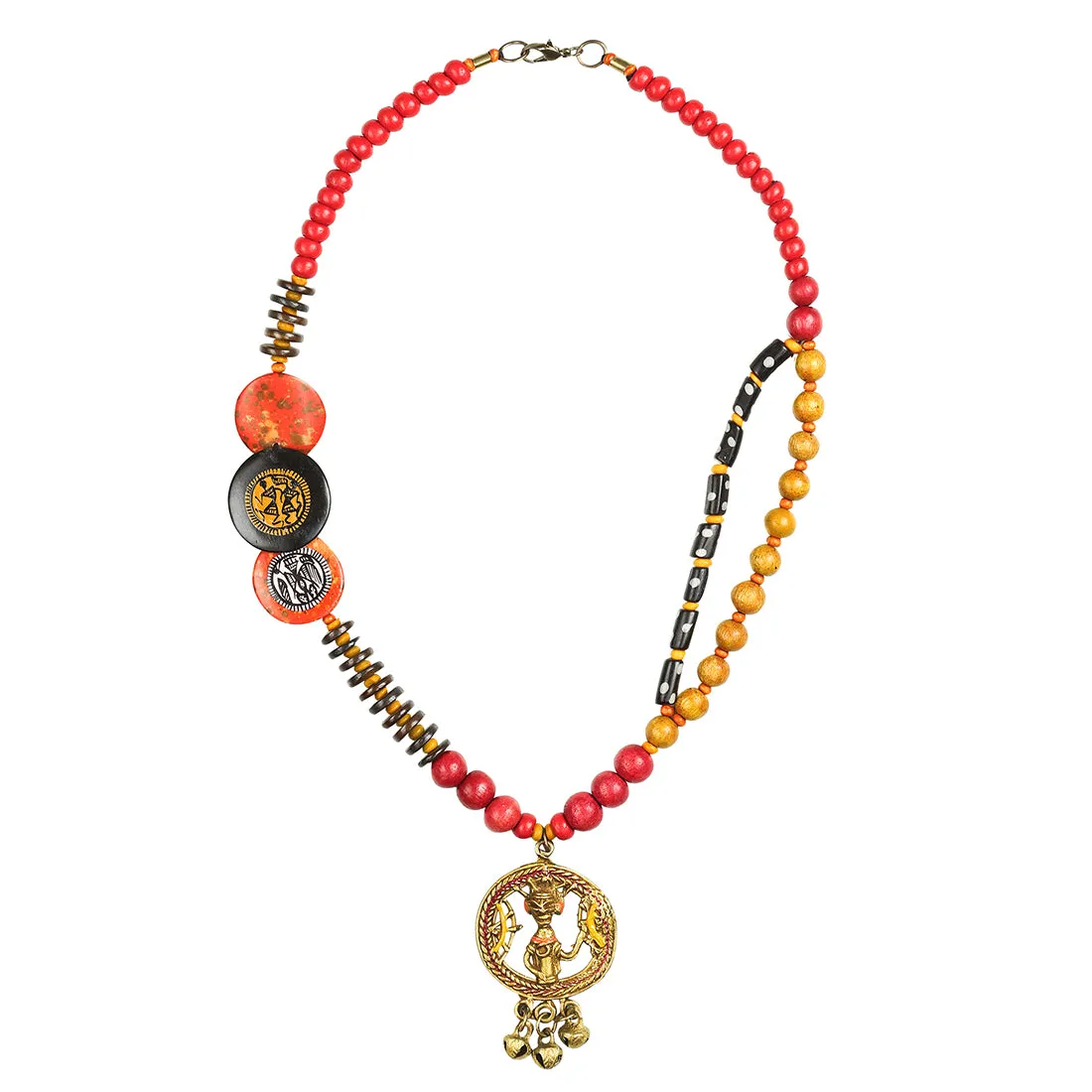 'Tribal Men Beaded' Warli Hand-painted Bohemian Brass Necklace Handcrafted In Dhokra Art (Matinee)