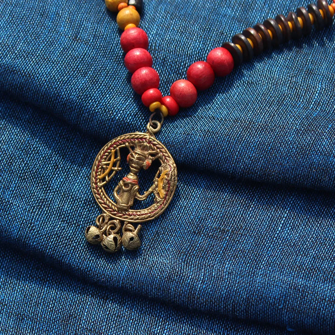 'Tribal Men Beaded' Warli Hand-painted Bohemian Brass Necklace Handcrafted In Dhokra Art (Matinee)