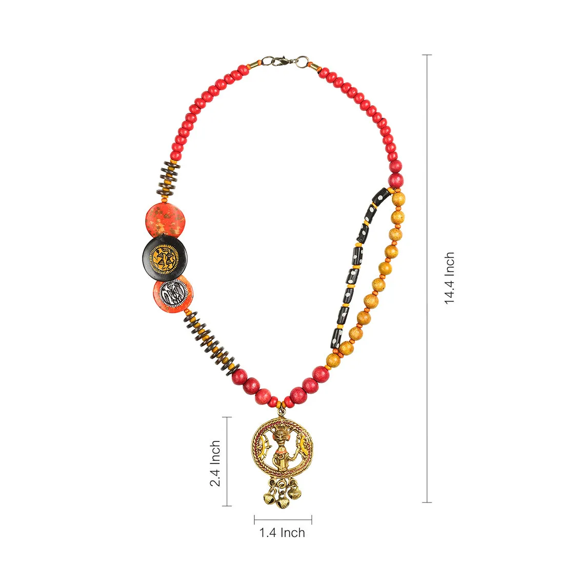 'Tribal Men Beaded' Warli Hand-painted Bohemian Brass Necklace Handcrafted In Dhokra Art (Matinee)