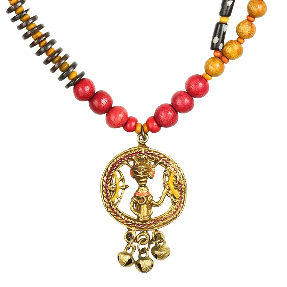 'Tribal Men Beaded' Warli Hand-painted Bohemian Brass Necklace Handcrafted In Dhokra Art (Matinee)