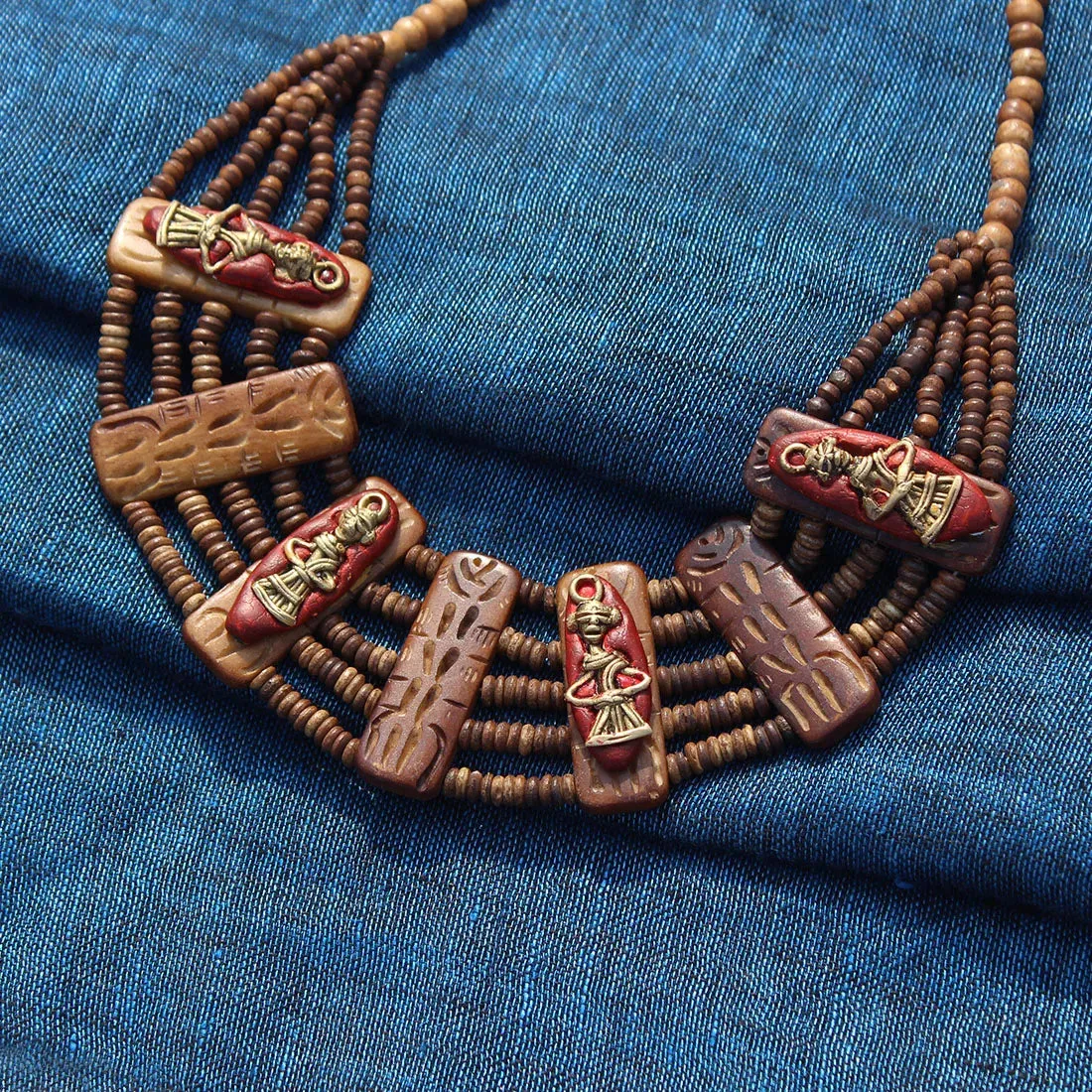 'Tribal Men Carved' Bohemian Brass Necklace Handcrafted In Dhokra Art (Bib)