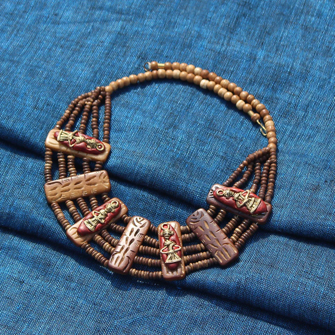 'Tribal Men Carved' Bohemian Brass Necklace Handcrafted In Dhokra Art (Bib)