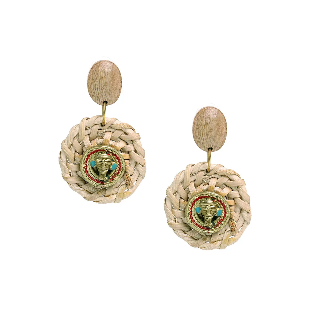 'Tribal Men Faces' Bohemian Brass & Cane Earrings Handcrafted In Dhokra Art