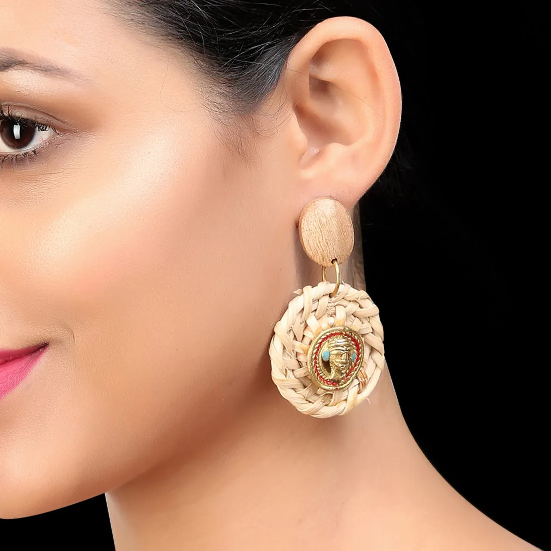 'Tribal Men Faces' Bohemian Brass & Cane Earrings Handcrafted In Dhokra Art