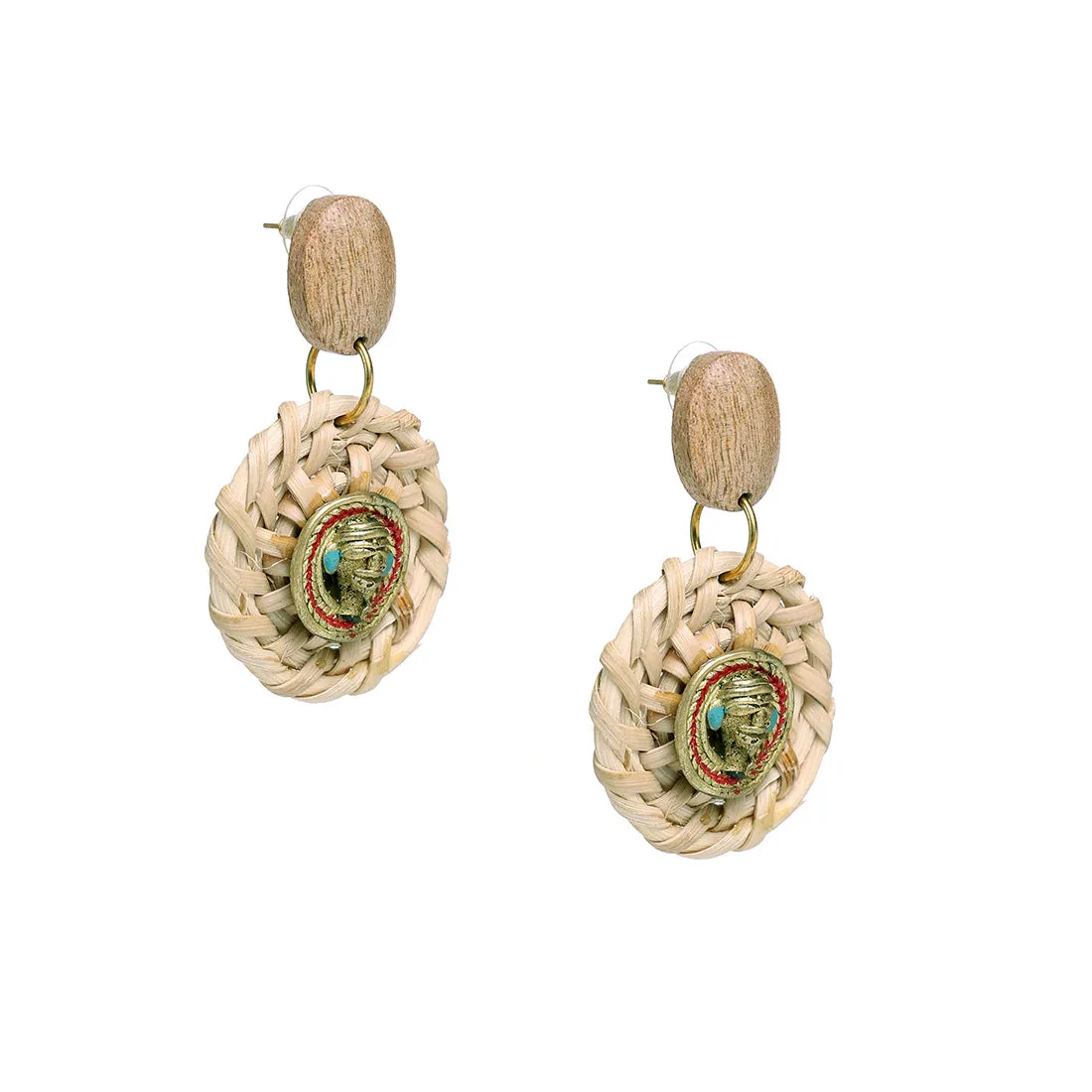 'Tribal Men Faces' Bohemian Brass & Cane Earrings Handcrafted In Dhokra Art