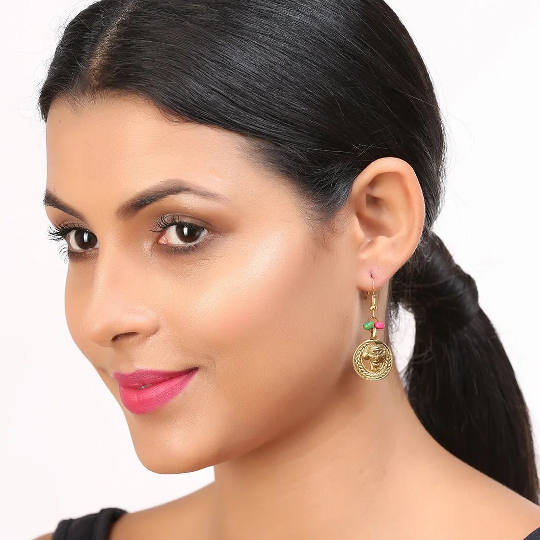 'Tribal Round Faces' Bohemian Brass Earrings Handcrafted In Dhokra Art