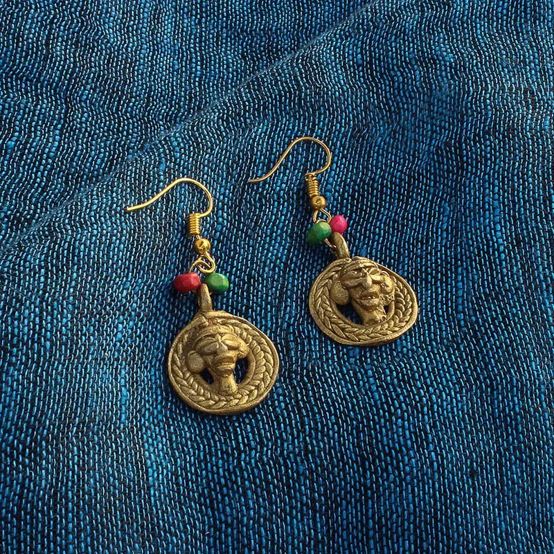 'Tribal Round Faces' Bohemian Brass Earrings Handcrafted In Dhokra Art