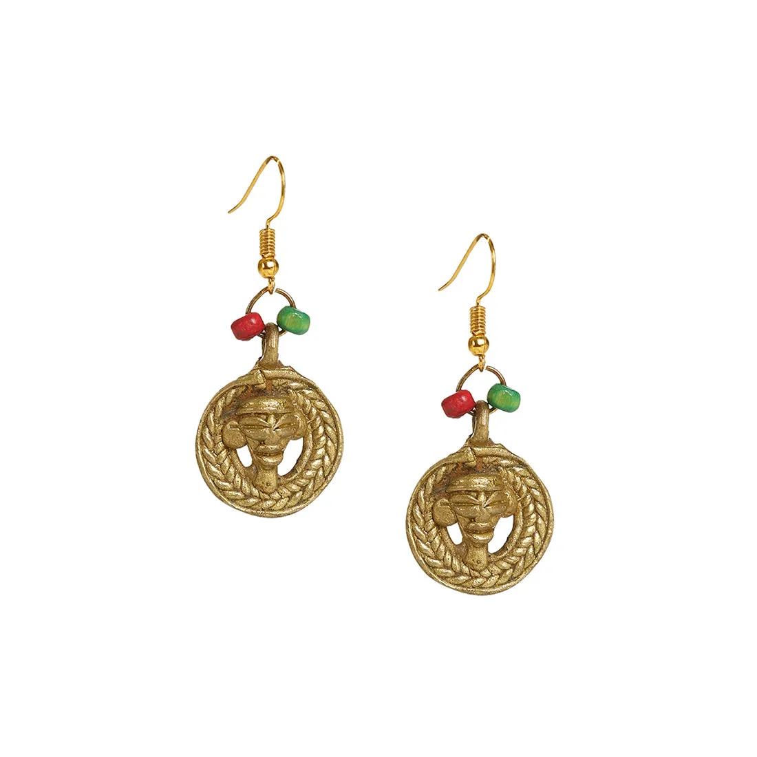 'Tribal Round Faces' Bohemian Brass Earrings Handcrafted In Dhokra Art