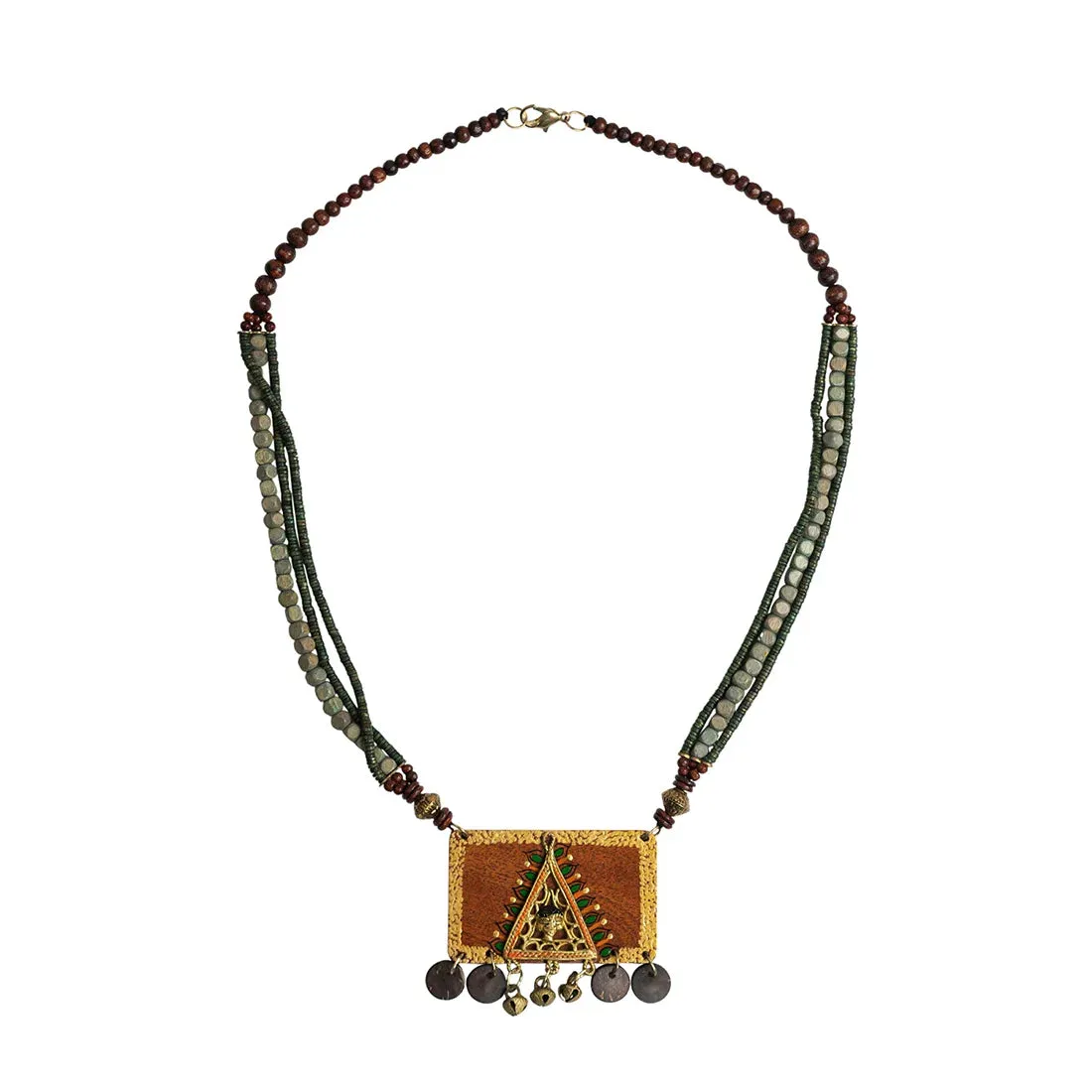 'Tribal Woman' Bohemian Beaded Sheesham Wooden & Brass Necklace (Dhokra Art, Handcrafted)