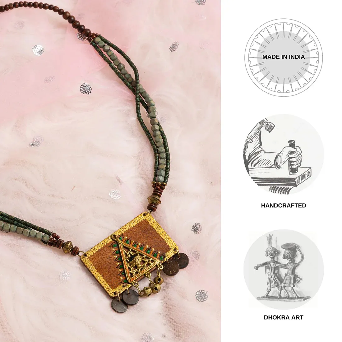 'Tribal Woman' Bohemian Beaded Sheesham Wooden & Brass Necklace (Dhokra Art, Handcrafted)