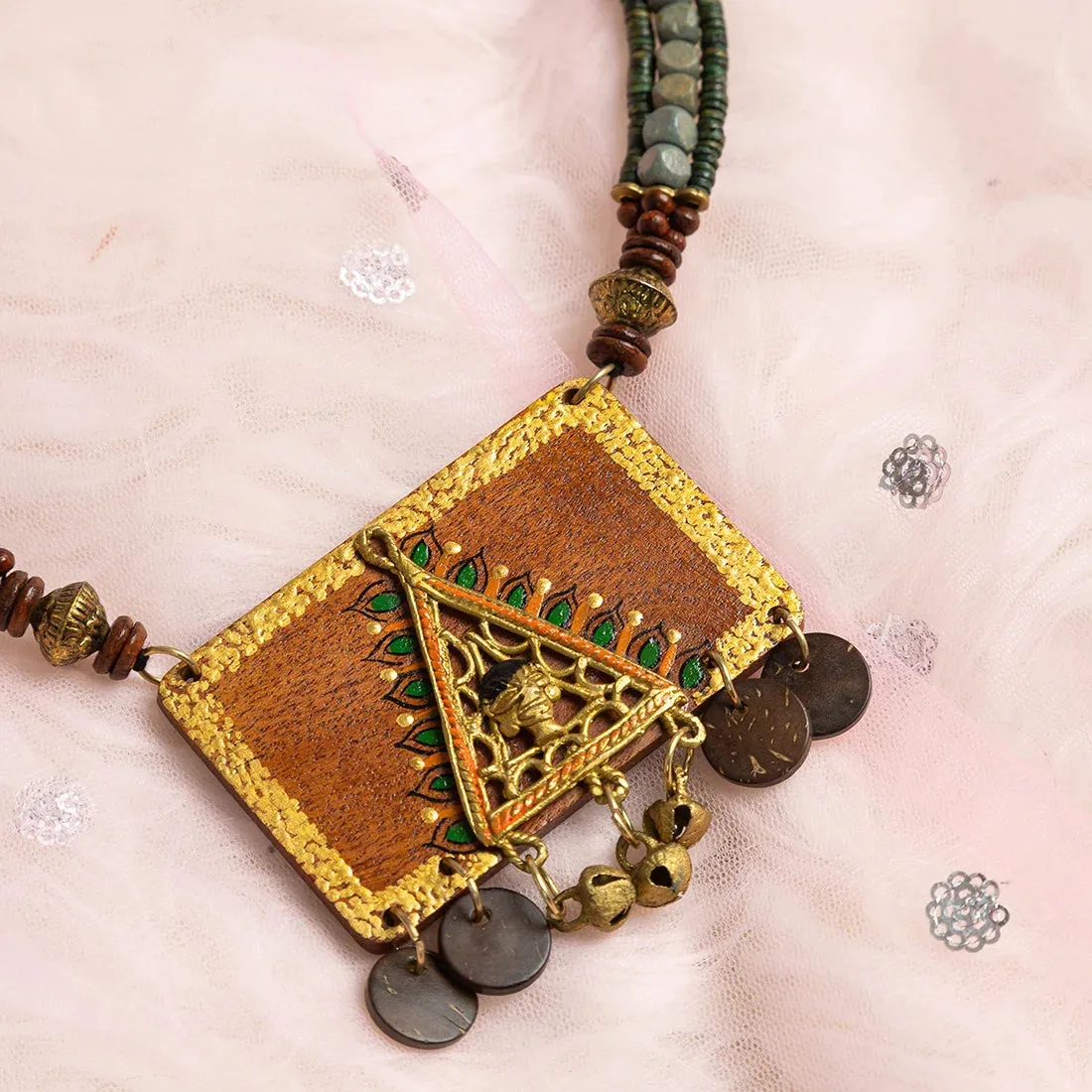 'Tribal Woman' Bohemian Beaded Sheesham Wooden & Brass Necklace (Dhokra Art, Handcrafted)