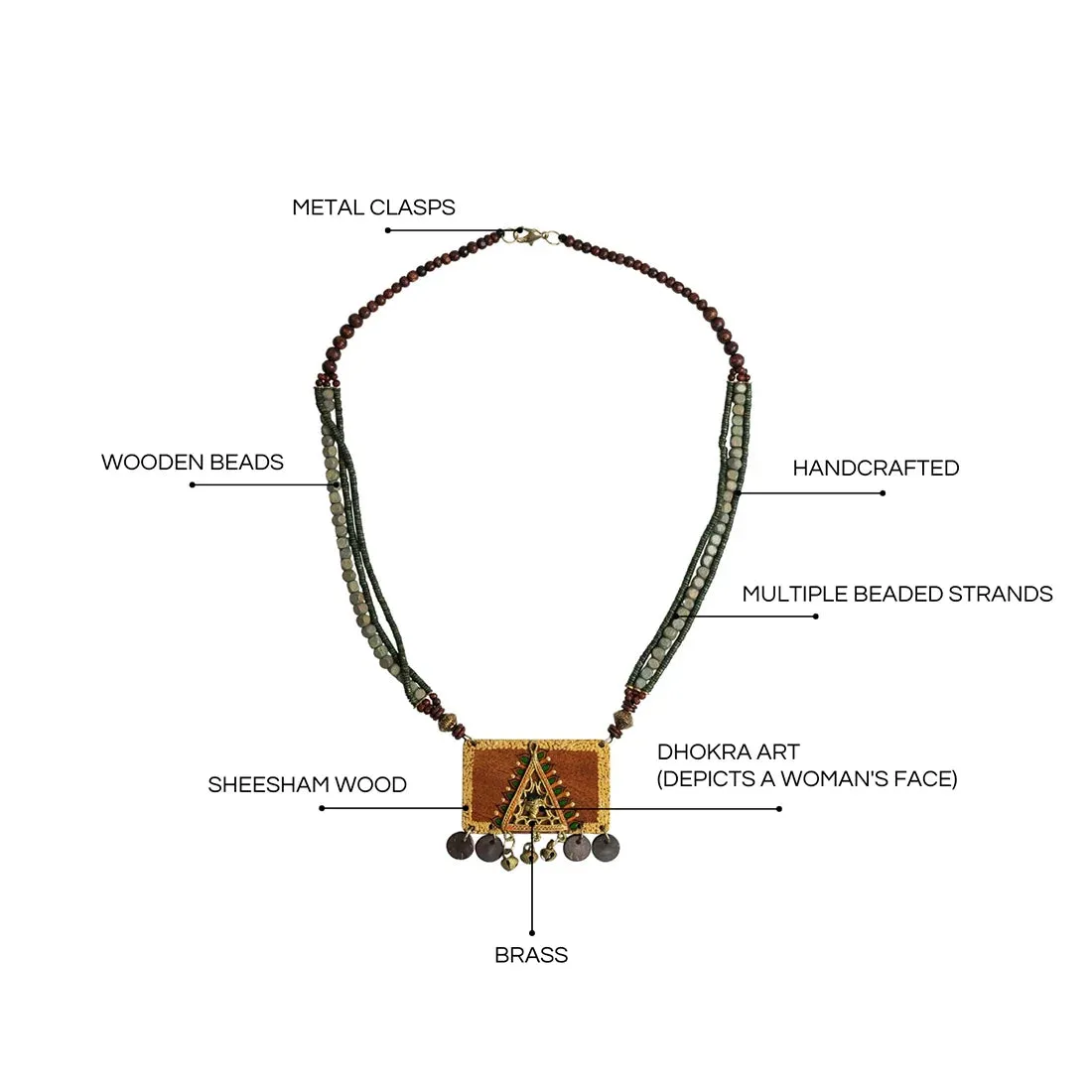 'Tribal Woman' Bohemian Beaded Sheesham Wooden & Brass Necklace (Dhokra Art, Handcrafted)