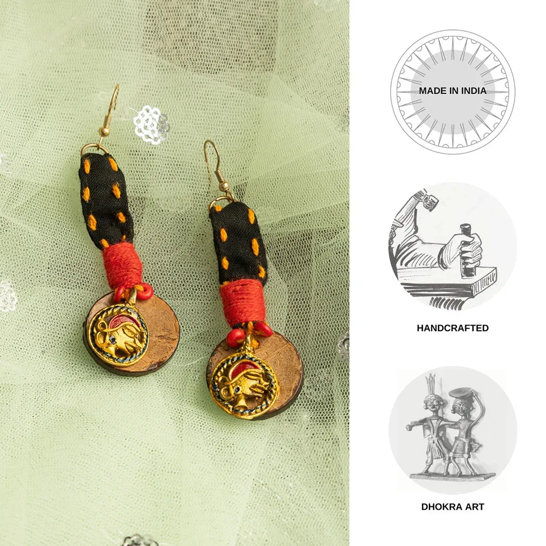 'Tribal Women' Bohemian Beaded Coconut Shell & Brass Earrings (Dhokra Art, Handcrafted)