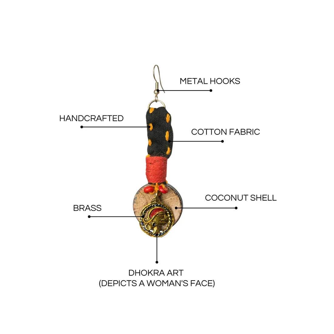 'Tribal Women' Bohemian Beaded Coconut Shell & Brass Earrings (Dhokra Art, Handcrafted)