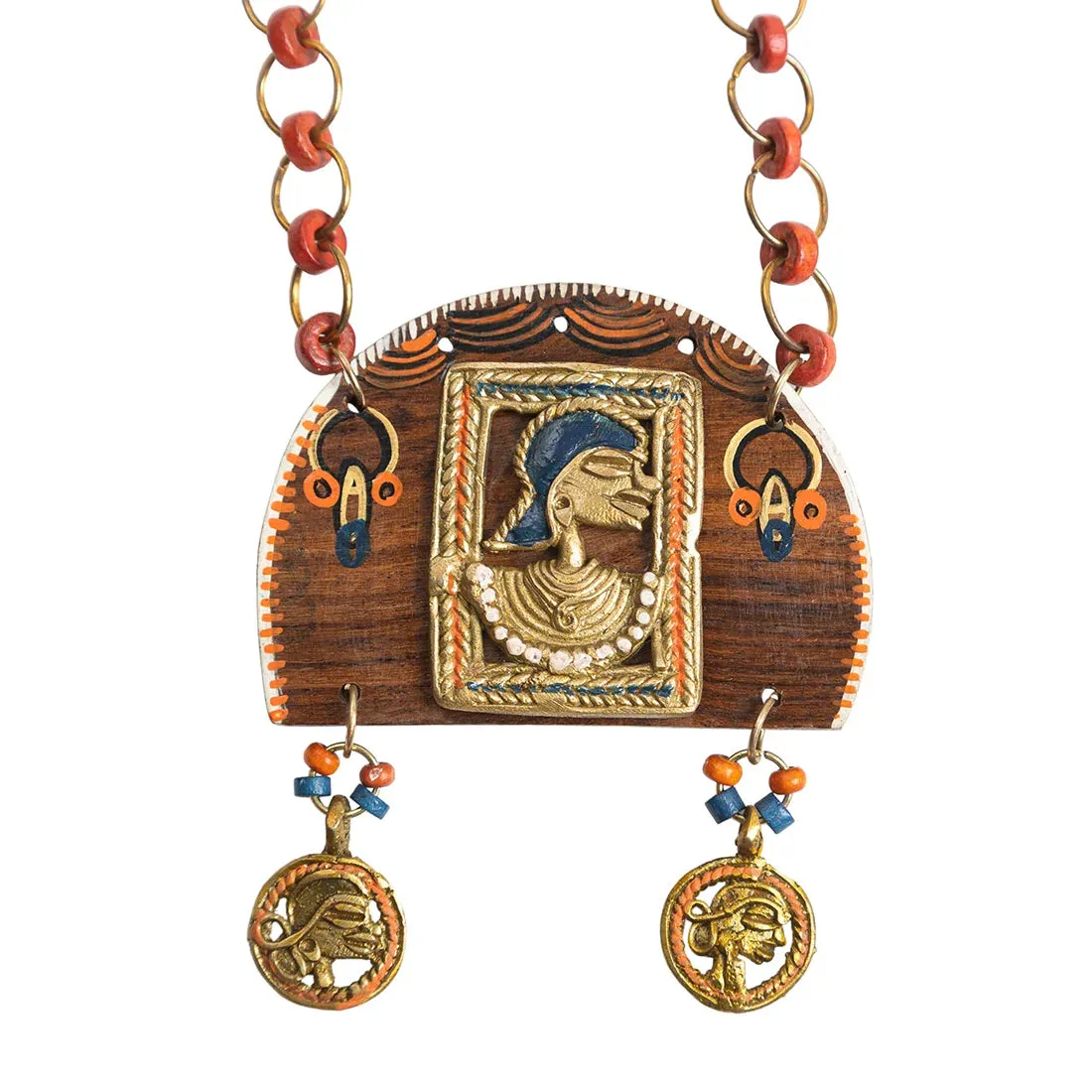 'Tribal Women' Bohemian Beaded Sheesham Wooden & Brass Necklace (Dhokra Art, Handcrafted)