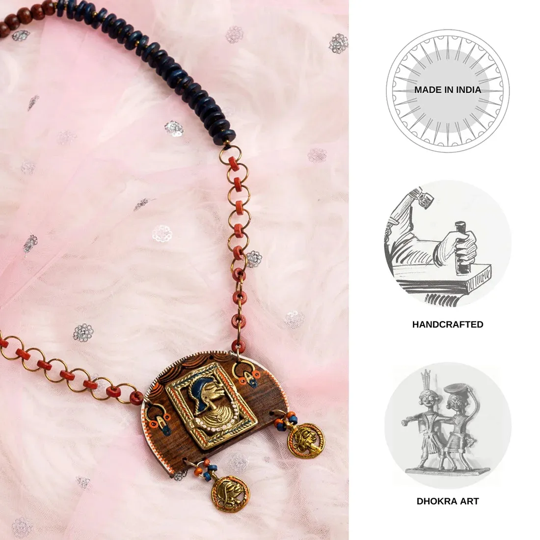 'Tribal Women' Bohemian Beaded Sheesham Wooden & Brass Necklace (Dhokra Art, Handcrafted)