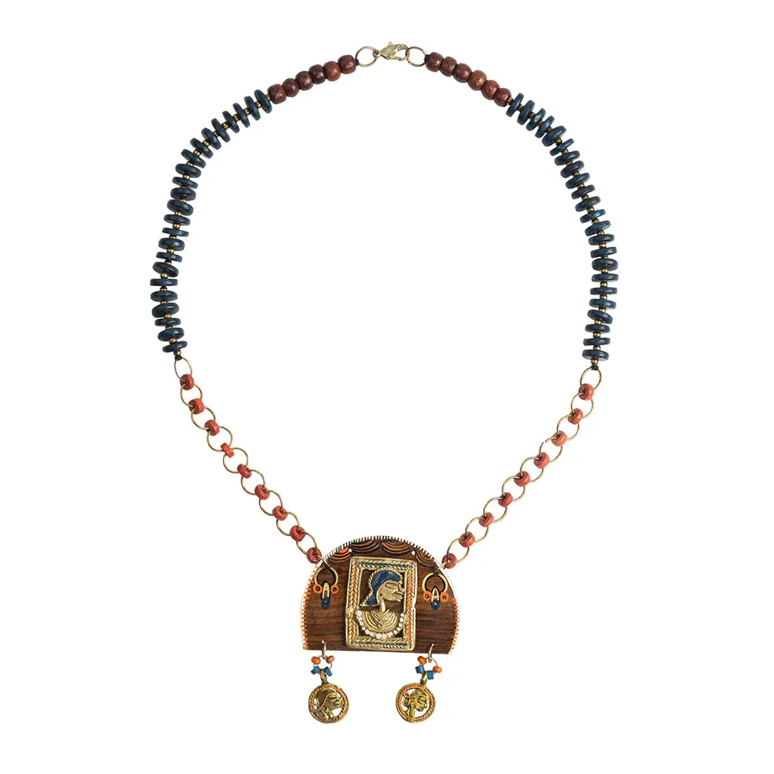 'Tribal Women' Bohemian Beaded Sheesham Wooden & Brass Necklace (Dhokra Art, Handcrafted)